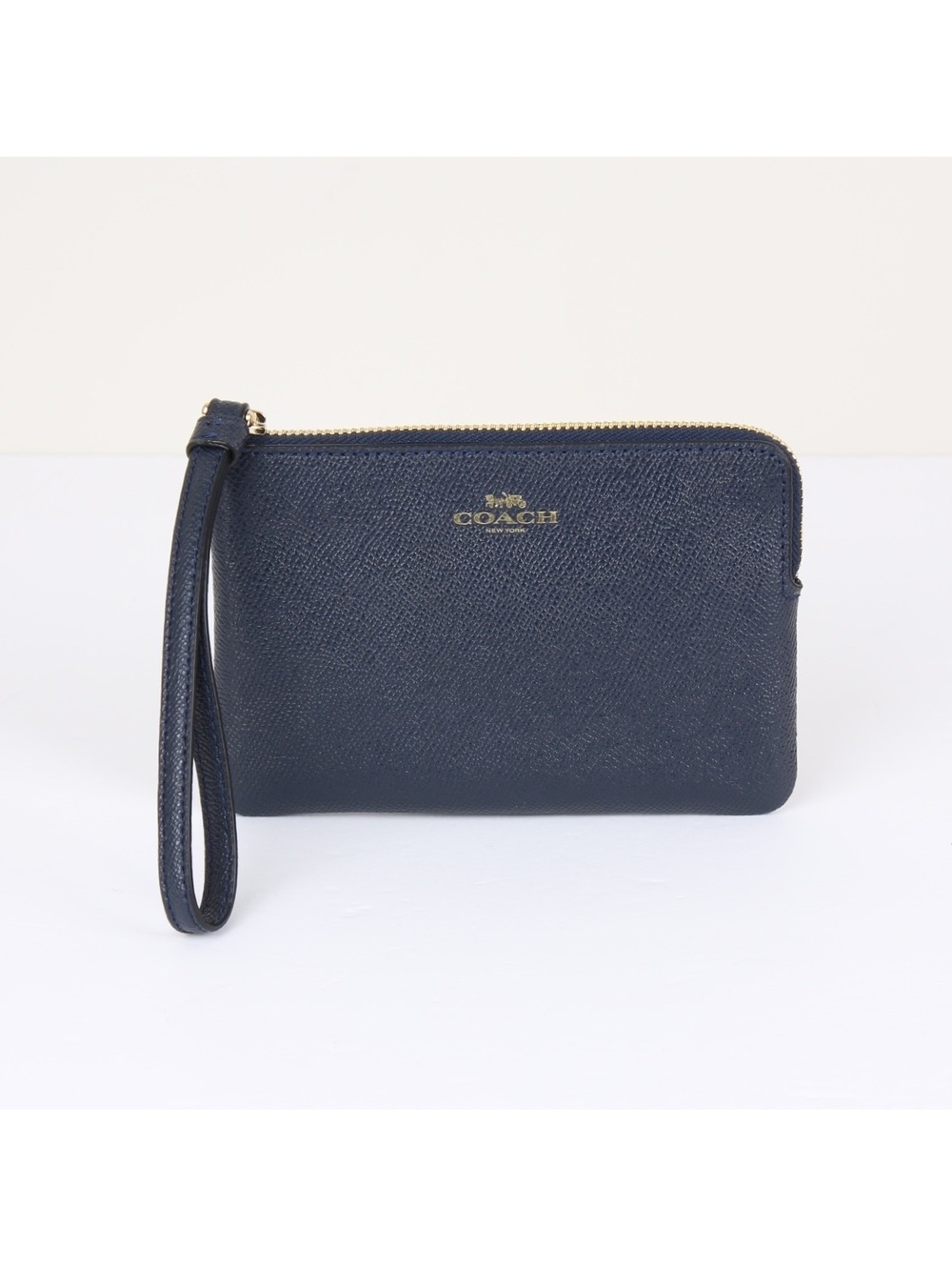 Coach Corner Zip Wristlet Crossgrain Leather Midnight Navy Blue F58032